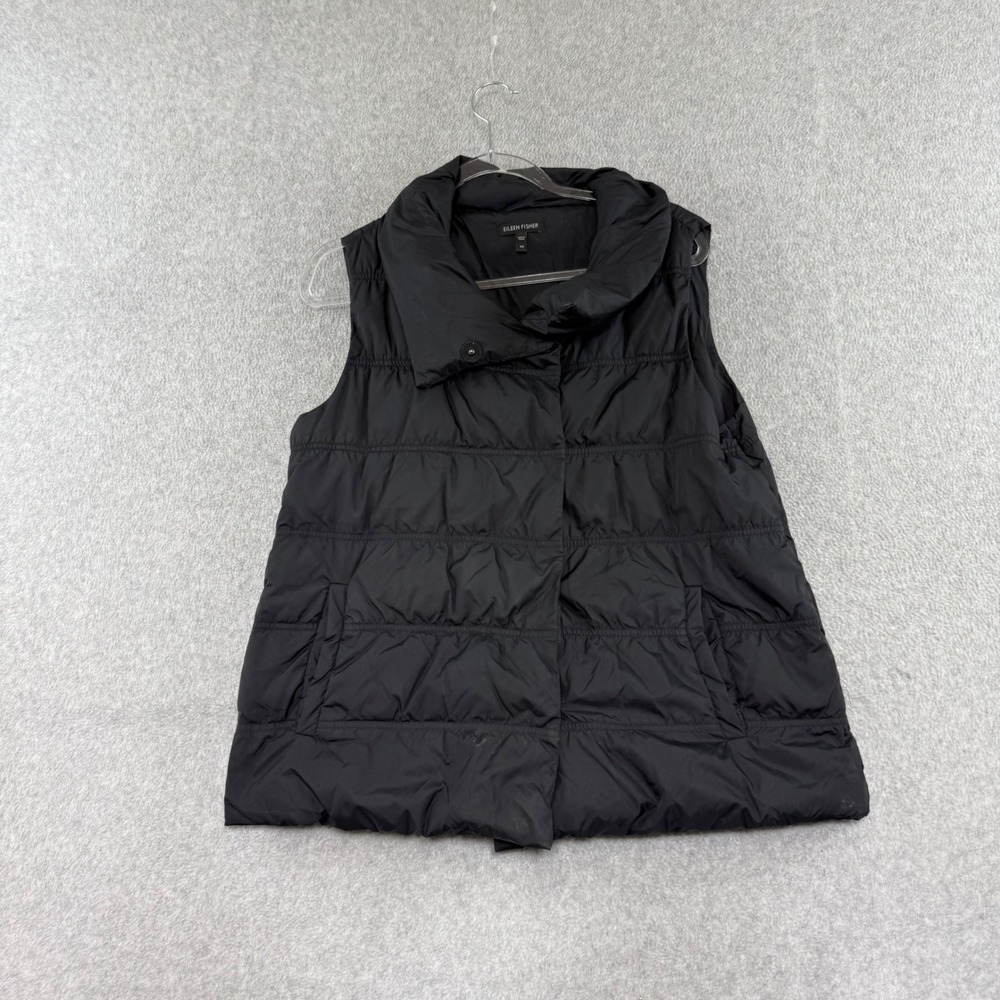 Eileen Fisher Puffer Vest Womens XS Black Down Filled Quilted Funnel Neck Jacket